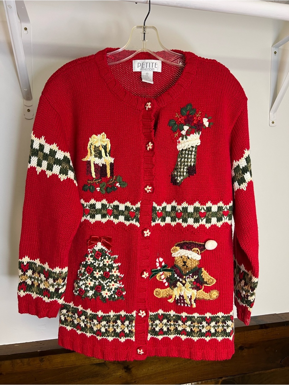 Vintage Petite‎ Sophisticate Red Christmas Knit Holiday Cardigan Sweater- M